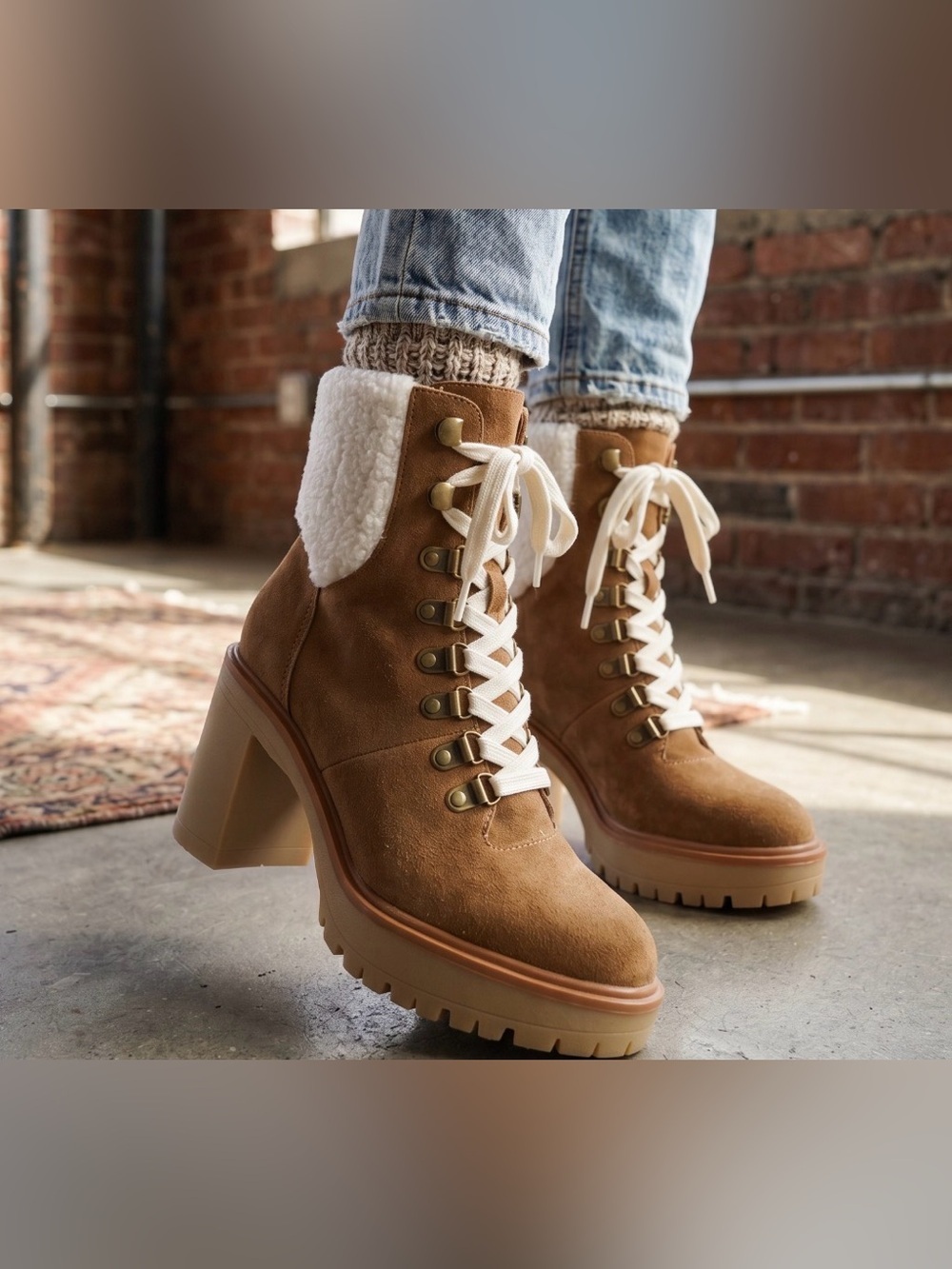 NWT Oasis Society Madilyn Camel Lace Up Chunky Heeled Boots Vegan Suede - Picture 2 of 8